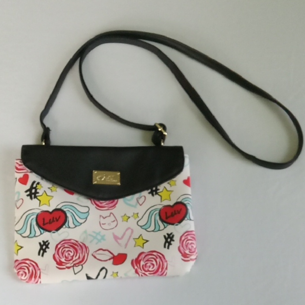 Betsey Johnson Black and White Crossbody Bag with Floral Design